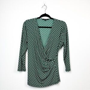 Jones Studio Long Sleeve Green White & Dark Navy Patterned Blouse